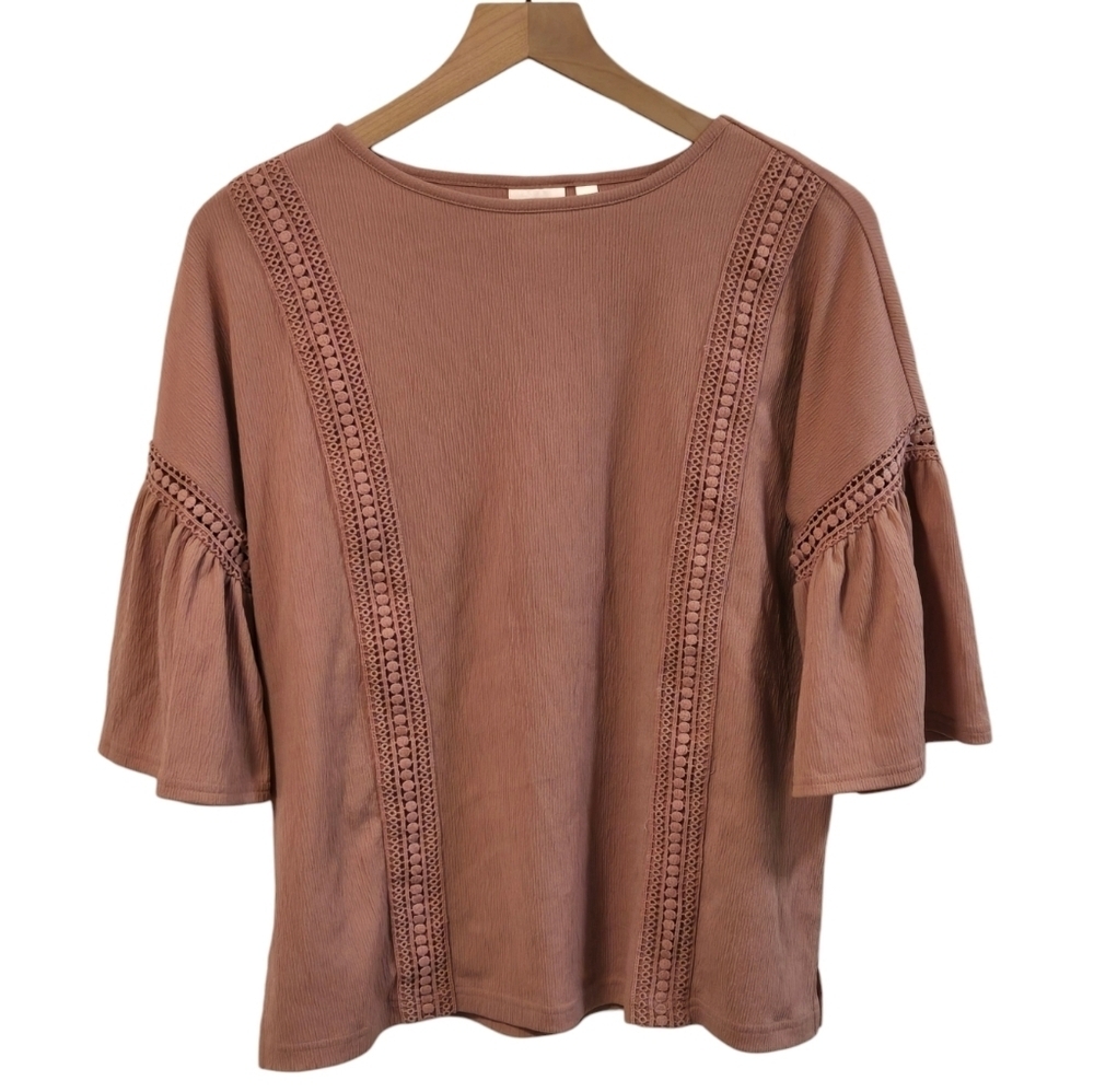 Lauren Conrad Pink Dusty Rose Crochet Trim Bell Sleeve Boho Blouse Size Small